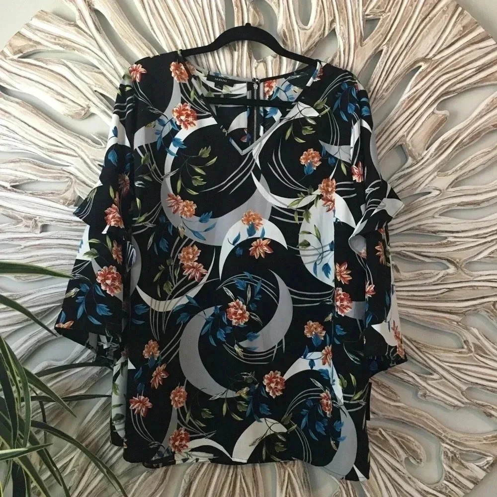 Alfani Blouse Size 2X Floral Ruffled 3/4 Sleeves